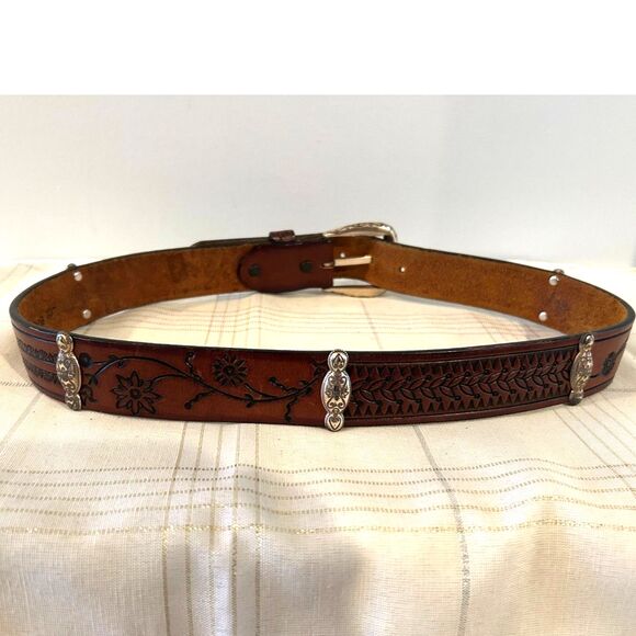 Brighton Vintage Brown Hand-Tooled Leather Belt - Size Large - Picture 4 of 6